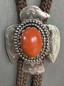 Vintage Native American Carnelian Stone Thunderbird Bolo Tie Brown Cord - Picture 1 of 10