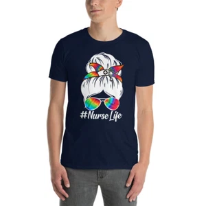 Grab This "Krankenschwesterleben lustiges chaotisches Dutthaar bunte Brille T-Shirt - Bild 1 von 10