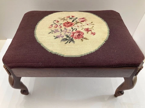 Footstool Olds Wortman & King Ottoman Needlepoint Burgundy Red Floral T Cover