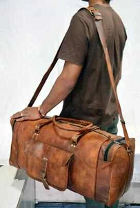 New Men's genuine Brown Leather Retro vintage Large Round duffle travel gym bag - Picture 1 of 6