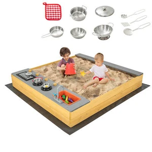 Kinder Sandkasten Outdoor Holz Sandkasten mit Bodeneinsatz Kreative Kochfläche - Bild 1 von 6