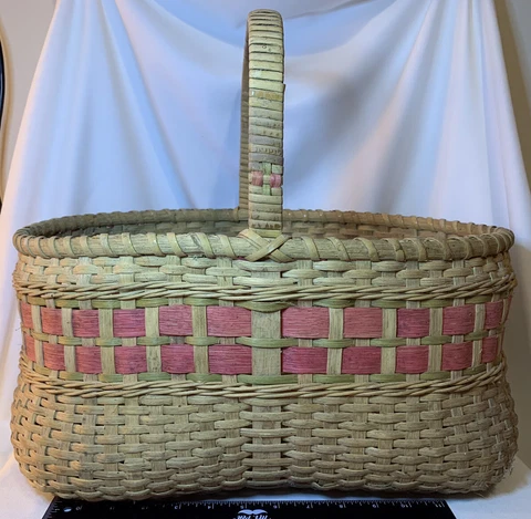 Antique  Market or Gathering Basket Woven Splint and Willow w/ Dyed Pink Design Cover
