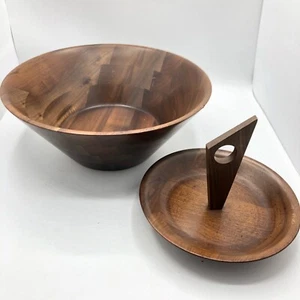 Vintage MCM Solid Black Walnut Bowl 12" and 8" Walnut Dish with Handle - Picture 1 of 12