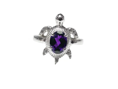 Anello A Tartaruga In Amatista Viola In Argento 925 Con Amatista Ovale 6x8 Mm - Immagine 1 di 4