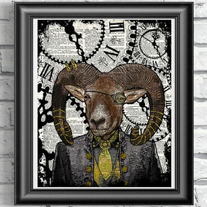 Ram Sheep Steampunk Print on Antique Dictionary Book Page Hipster Animal - Picture 1 of 4