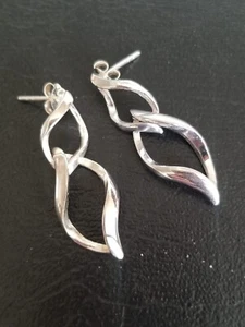 925 Sterling Silver Two Linked Twisted Marquise Dangle Drop High Shine Earrings - Picture 1 of 9