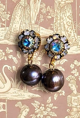 Pendientes de perlas de agua dulce y cristal flor plata púrpura Foto 1 de 4