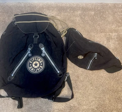 Mochila Kipling Vintage con Cordón Mochila Negra Y Riñonera Ajustable Foto 1 de 4