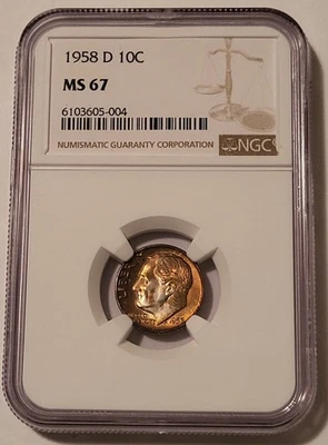 1958 D Roosevelt Dime MS67 NGC Nice Copper Toning - Image 1 of 4