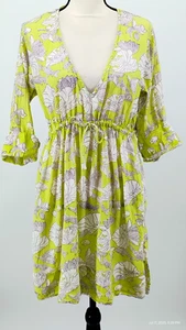 Vestido túnica Gretchen Scott cuello en V verde pez lirio de agua lazo cintura manga 3/4 L - Imagen 1 de 24