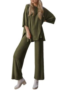 Womens Short Sleeve Pullover Tops And Wide Leg Pants Lounge Set - Picture 1 of 14