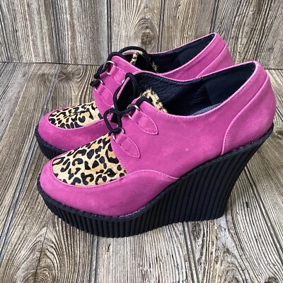 Pleaser Demonia CREEPER-304 Size 6 Purple Leopard Wedge Platform Lace-Up Creeper - Image 1 of 4