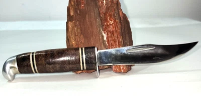 Cuchillo de Caza Apilado Mango de Cuero 4 7/8" Hoja Fija Aluminio Pummel 9 1/8" Foto 1 de 4