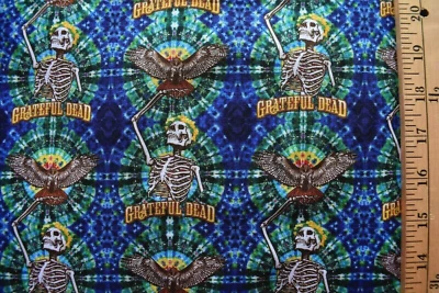 GRATEFUL DEAD SKELETON HAWK  PRINT 100%  COTTON FABRIC  BY THE 1/4 YARD  9X43" - Image 1 of 2