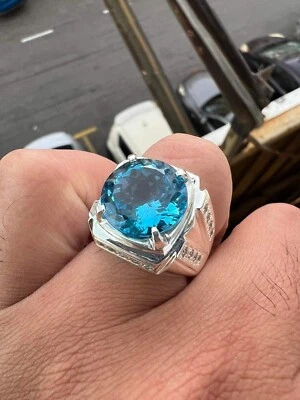 Anillo de plata de ley 925 con piedras preciosas de circón azul para hombre #1928 Foto 1 de 4