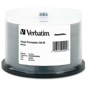 Verbatim 94904 DataLifePlus CD-R White Inkjet Non-Hub Printable 50 Pack Spindle - Afbeelding 1 van 2