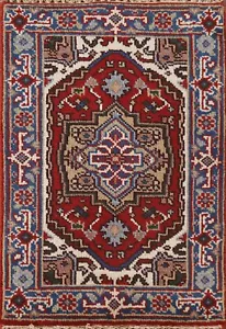 Geometric Rust/ Blue Heriz Serapi Accent Rug 2'x3' Wool Hand-made Foyer Carpet - Picture 1 of 12