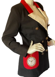 Jacket W/ 3 Gold Clock Trim Black/Red Linen Dress Jacket - Picture 1 of 11