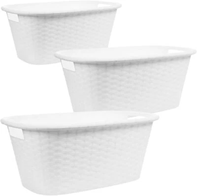 3er Set Kunststoff Wäschekorb in Rattan-Design Wäschewanne mit Griffen weiß - Bild 1 von 4