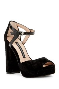 120 $ NEU Gr. 6,5 FRENCH CONNECTION Sandalen Dita Samt Plateau Blockabsatz schwarz - Bild 1 von 10
