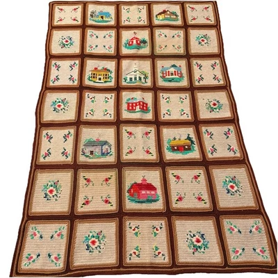 Acogedora manta de muestra antigua cuadrada de núcleo de casa hecha a mano afgana de ganchillo para regazo Foto 1 de 4