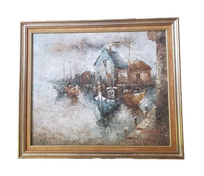 Edward Barton Original Ships Boats Dock Wharf Portrait Oil  Canvas Framed Signed - Image 1 of 2