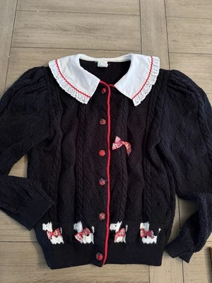 Girls Vintage Scotty Dog Cardigan Sweater Sz 12 Black Plaid Collar - Image 1 of 4