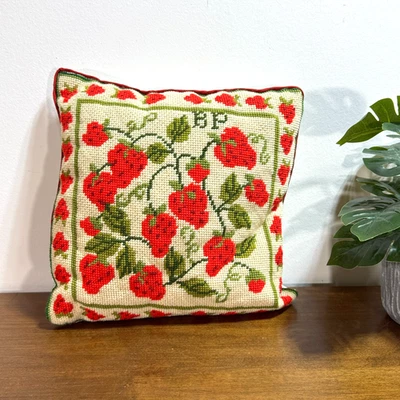 Strawberry Needlepoint Tapestry Throw Pillow Cottage Core 11x11 Satin Backed - Image 1 of 4