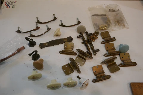 Lot of vintage furniture hardware, knobs, hinges, drawer pulls Cover