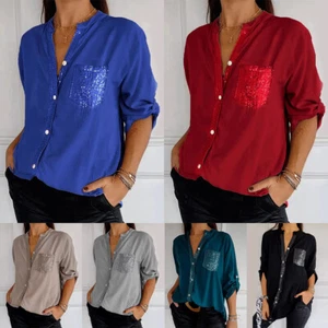 Mangas Largas Botones Prendas para el torso Camisetas Blusa Informal Lentejuelas Sólidas Moda Cuello en V - Imagen 1 de 19