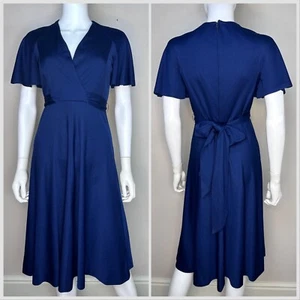 Vintage 1970s Navy Blue Wrap Dress Flutter Sleeves 70s Eleanor Brenner Couture - Picture 1 of 7