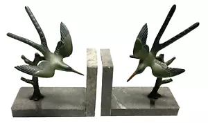 Paire de beaux SERRE LIVRES art-déco bronze patine verte et marbre HIRONDELLES - Foto 1 di 7