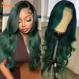 Ombre Dark Green Lace Front Human Hair Wigs with Roots Pre Plucked Transparent