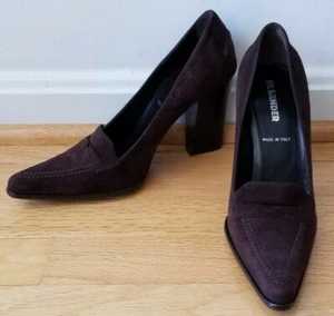NIB JIL JILL SANDER BROWN Suede Loafer Pointed Block HEELS PUMPS 35.5 5.5 ITALY - Picture 1 of 9