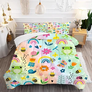 Rainbow Comforter Sets Twin Size Cartoon Floral Frogs Bedding Set for Girls Kids - Picture 1 of 8