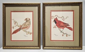 2- Mary Burgess Male & Female Cardinals Original Watercolor Paintings 10"x12" - Picture 1 of 8