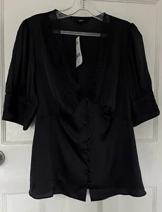 NEXT DARK NAVY BLUE SATIN SHORT SLEEVED BLOUSE WITH LACE TRIM - SIZE 16 - NEW - Picture 1 of 2