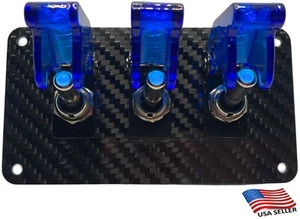 3 Hole Real Carbon Fiber Panel w/ 3 BLUE LED Toggle Switches and BLUE Covers - Imagen 1 de 6