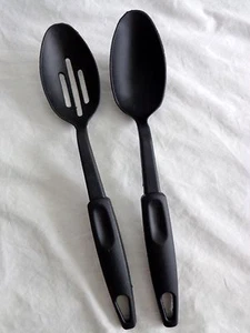 SERVING and SLOTTED SPOON 11" Lot of 2 Black Nylon Plastic Cooking Utensils - Picture 1 of 2