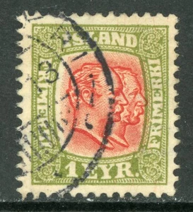 Iceland 1907 Two Kings 1e Yel Gr & Red Perf 13 Scott 71 VFU C804 - Picture 1 of 2