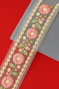 1.5" Floral Lace Trim, 1 Meter Pink White Green Embroidered Net Border, 4cm Wide - Picture 1 of 2