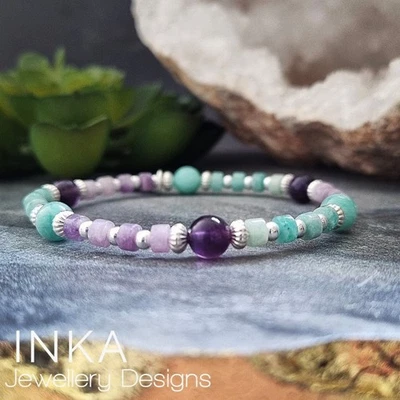 925 Sterling Silver Amazonite & AMETHYST bead Bracelet 925 Silver By Inka charm - Image 1 of 4