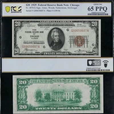 SC 1929 $20 Fr.1870-G Chicago, IL FRBN PCGS 65 PPQ GEM UNC (607A) - Image 1 of 4
