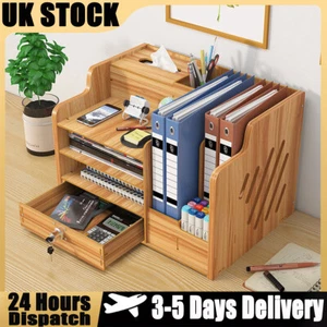 Wooden Office Desk Organiser Stationary Storage Home Tidy Storage Tabletop Unit - Picture 1 of 11