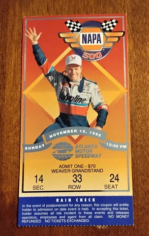 Vintage NASCAR Ticket Stub 1995 Atlanta NAPA  500 Dale Earnhardt Winner Cover