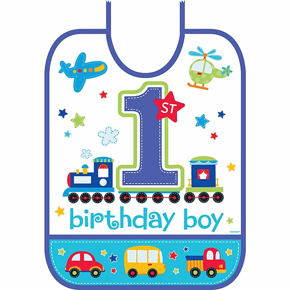 Todo a bordo Primer Cumpleaños Vinilo Babero Bebé Niños 1er Cumpleaños Fiesta Suministros Tren Foto 1 de 3