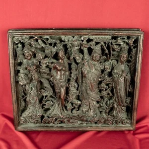 Antique 1899's Handcraft Wood Thailand Thai Women Group Sculpture 16"W x 13"L - Picture 1 of 12