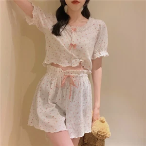 Women Girls Ruffle Sleepwear Nightie Floral Printed Pajamas Lolita Sweet - Picture 1 of 7