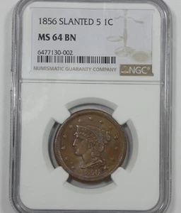 1856 Braided Hair Large Cent Slanted "5" CERTIFIED NGC MS 64 BROWN 1c - Picture 1 of 4