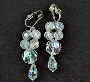 Earrings Clip On Beaded Dangles Faceted AB Crystal Glass Round and Drop Beads - Picture 1 of 5
